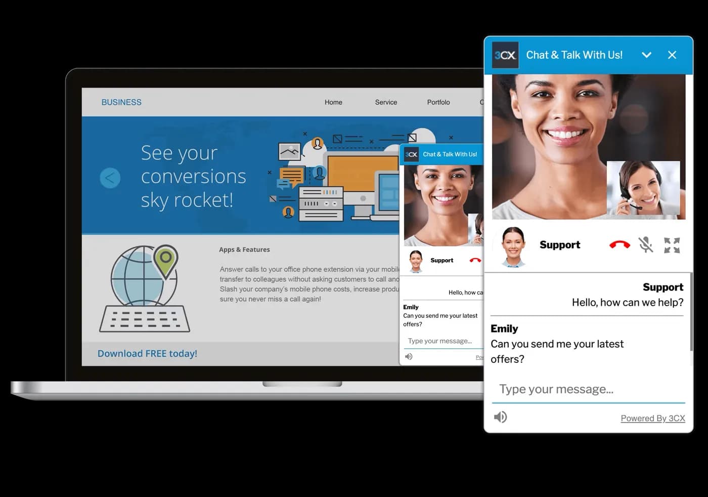 The 3CX web client: the call queue with a live chat conversation in the same panel