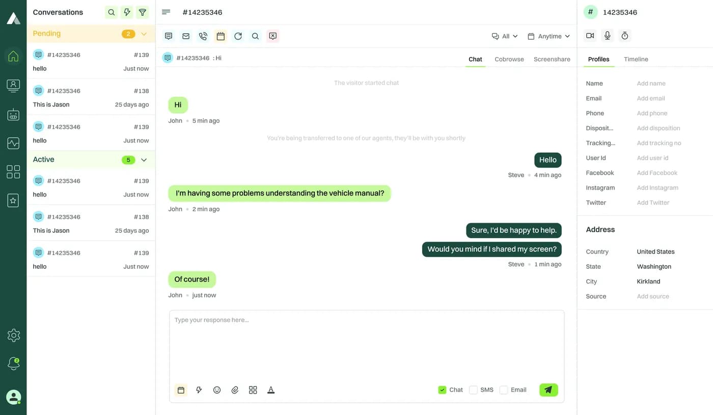 The Acquire agent view: a chat with the cobrowse and video controls beside it