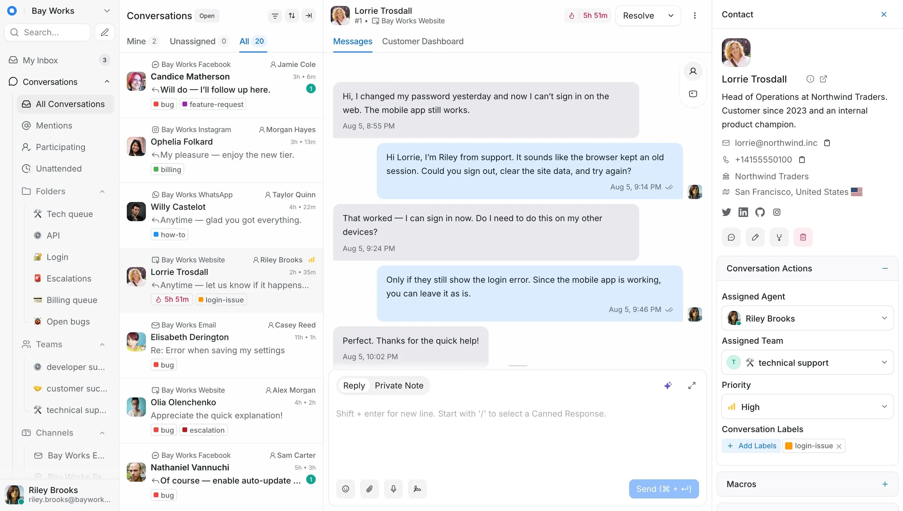 The Chatwoot inbox: the conversation list with channel icons and the contact panel