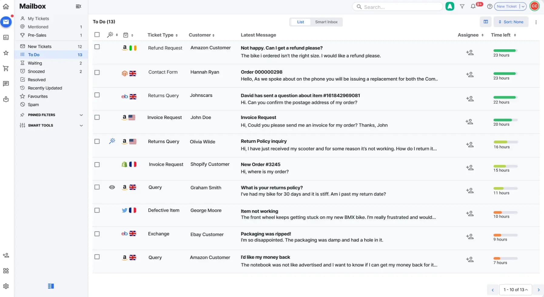 The eDesk ticket view: the marketplace message with the order and shipment on the right