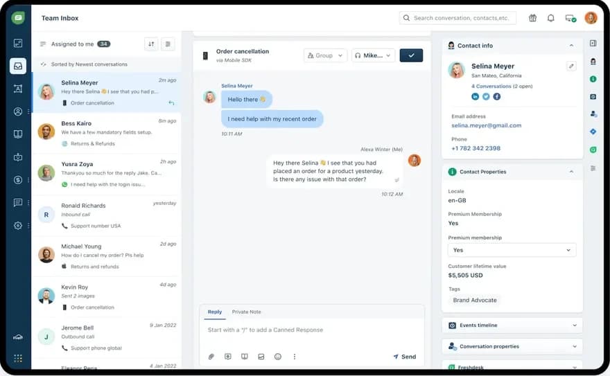 The Freshdesk ticket view: the queue on the left, the ticket thread and the properties panel