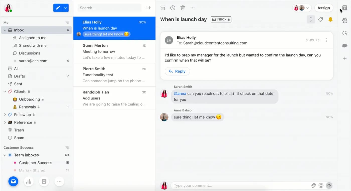 The Front inbox: the thread with internal comments beside it and the assignment bar on top