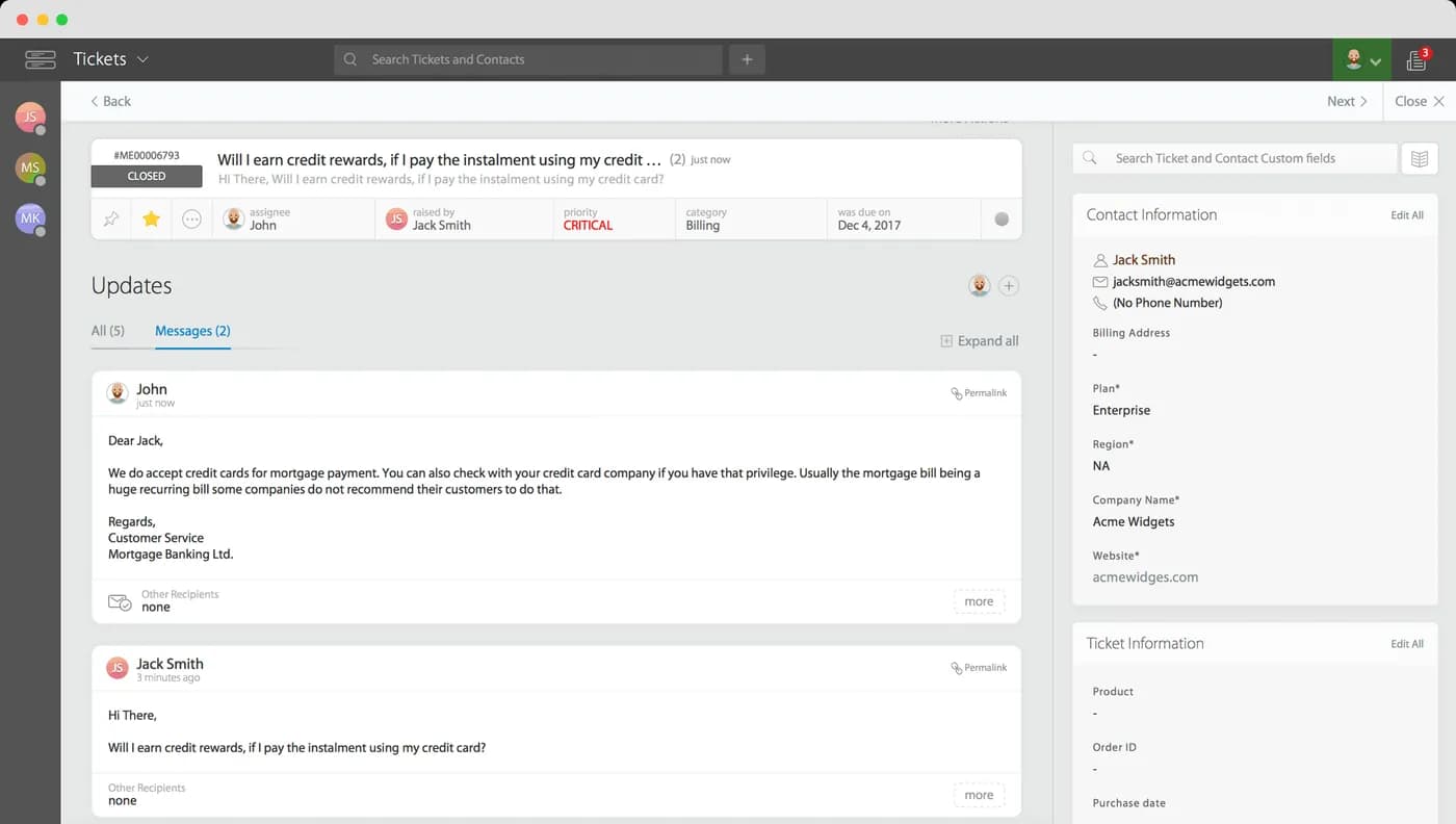 The HappyFox ticket list: the queue with categories, priorities and the ticket detail