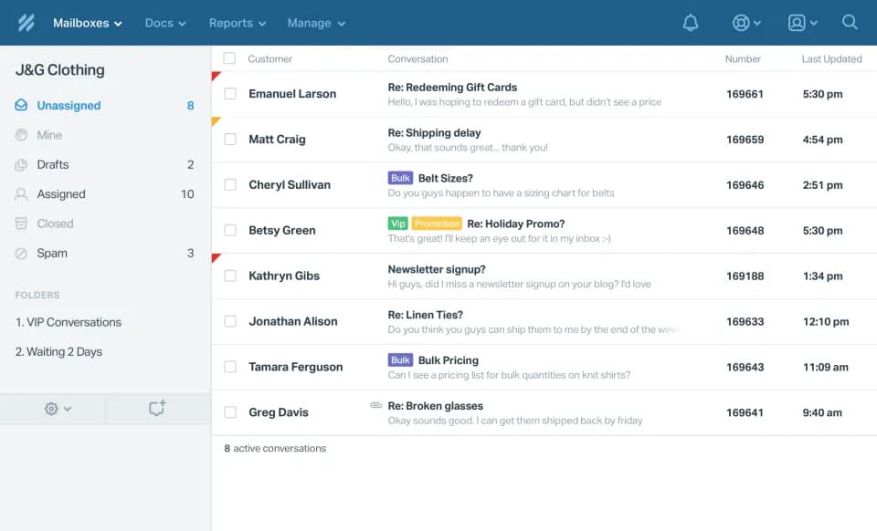 The Help Scout inbox: a conversation list, the email thread and the customer sidebar