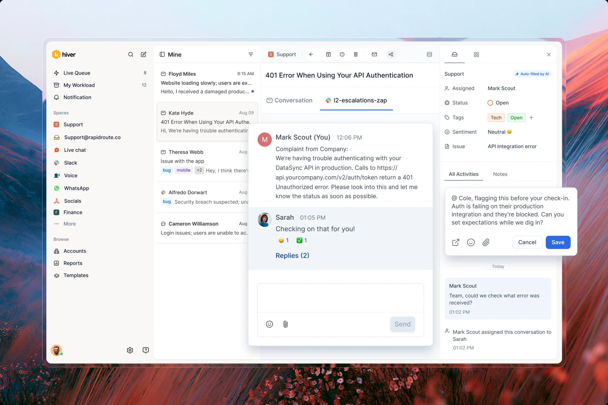 The Hiver sidebar inside Gmail: assignment, status and notes beside the email