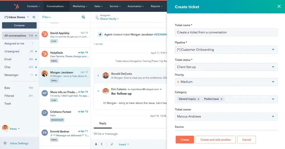 The HubSpot help desk workspace: the ticket with the CRM contact and its timeline