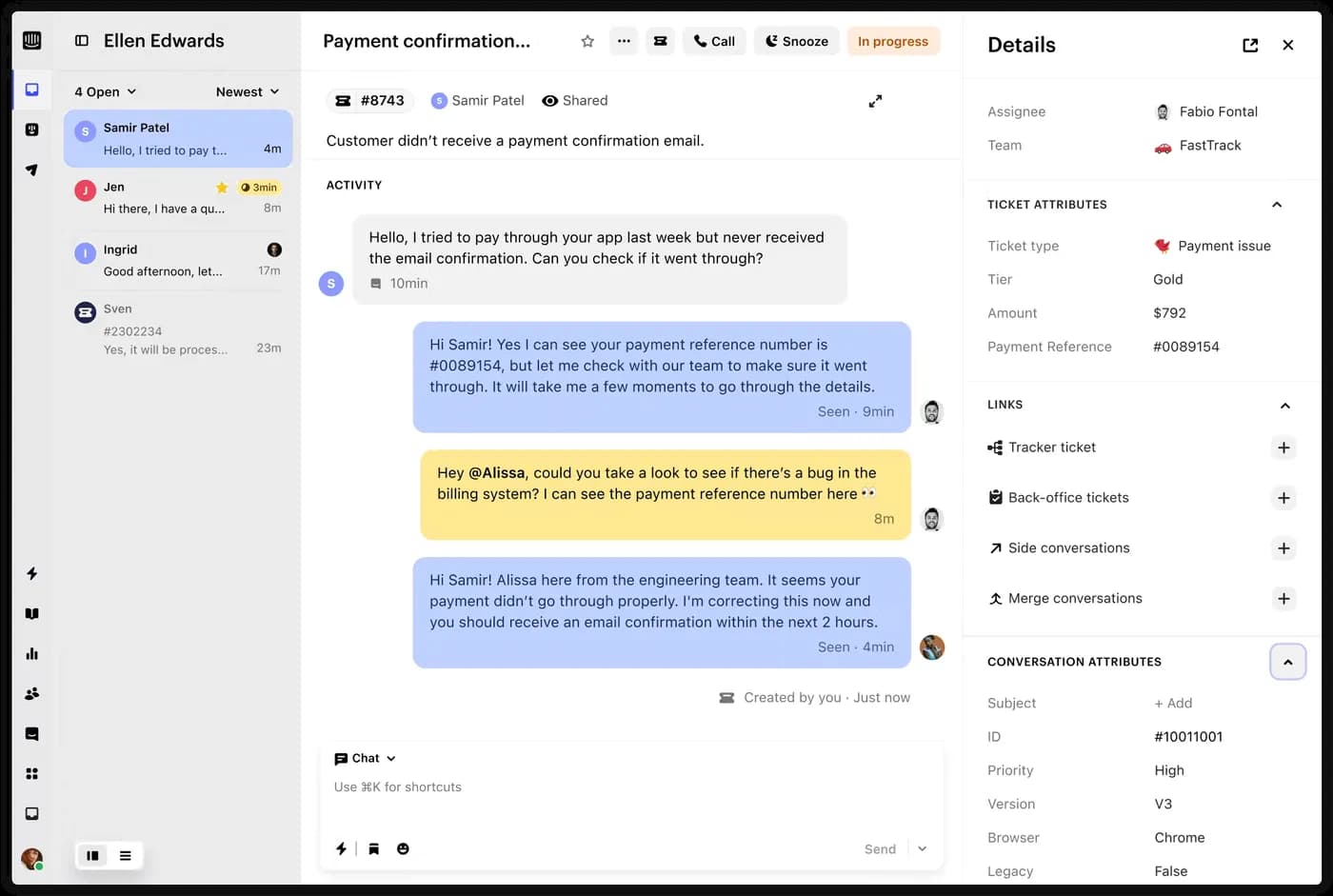 The Intercom Inbox: a conversation list with the Messenger thread and the customer profile