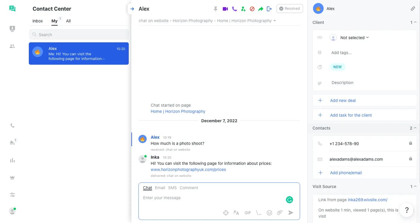 The JivoChat agent app: the chat list with channel icons and the visitor's page