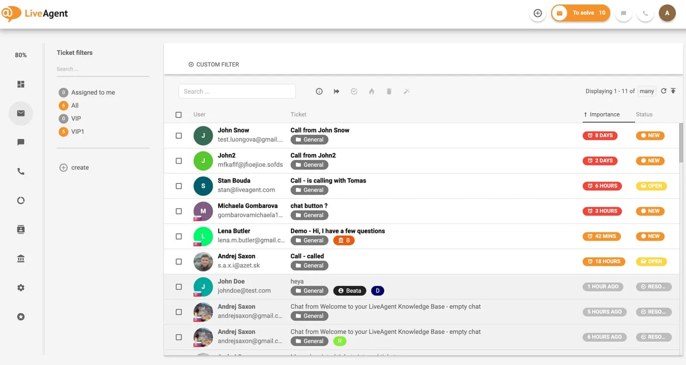 The LiveAgent universal inbox: the ticket list with email, chat and call tickets together