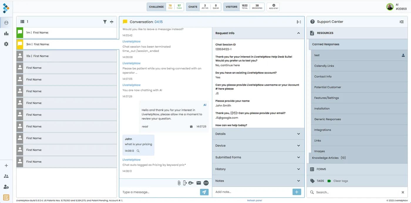 The LiveHelpNow agent dashboard: the chat queue with the knowledge base search beside it