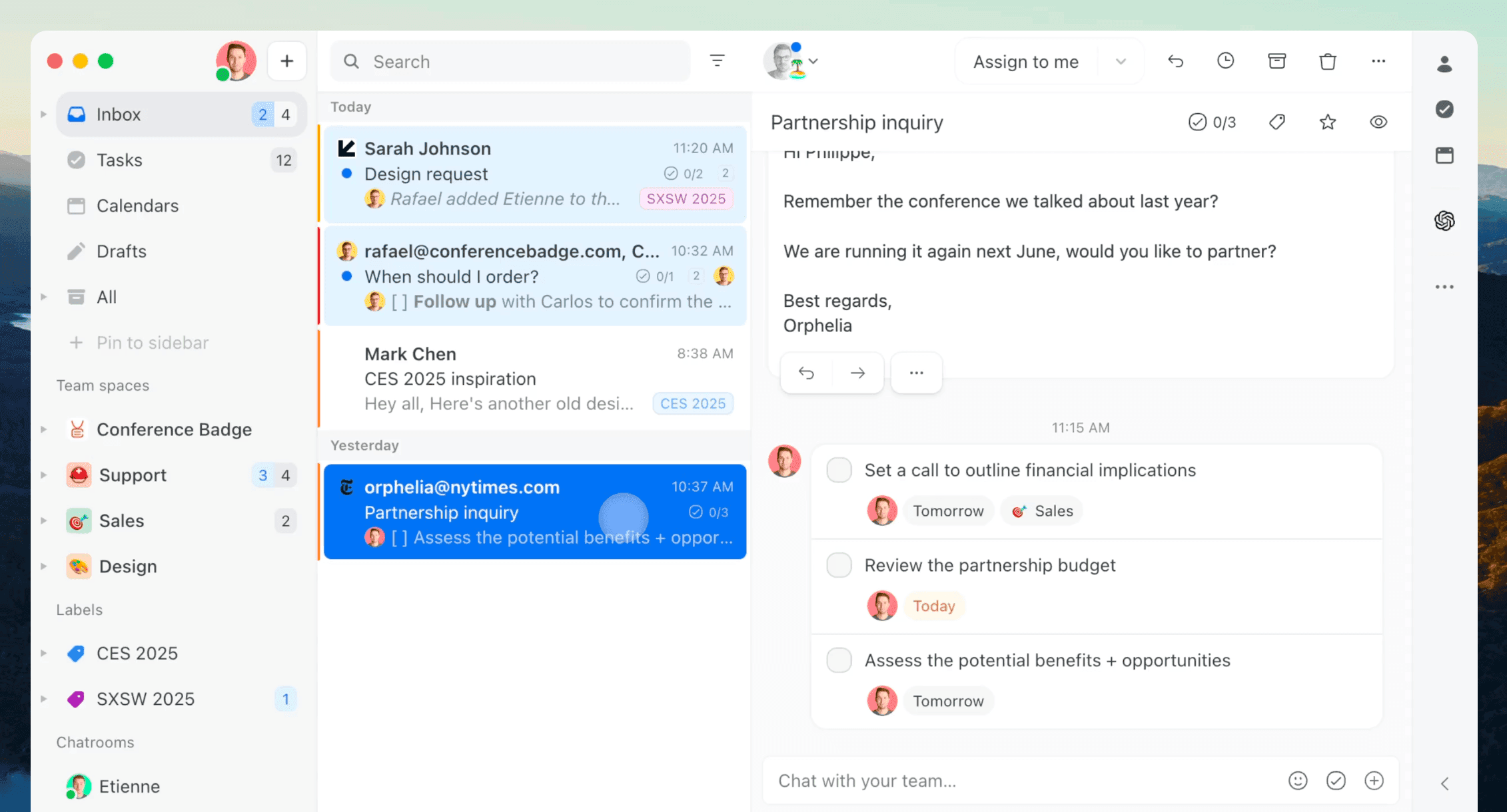 The Missive app: the shared conversation with the team's chat beside the email