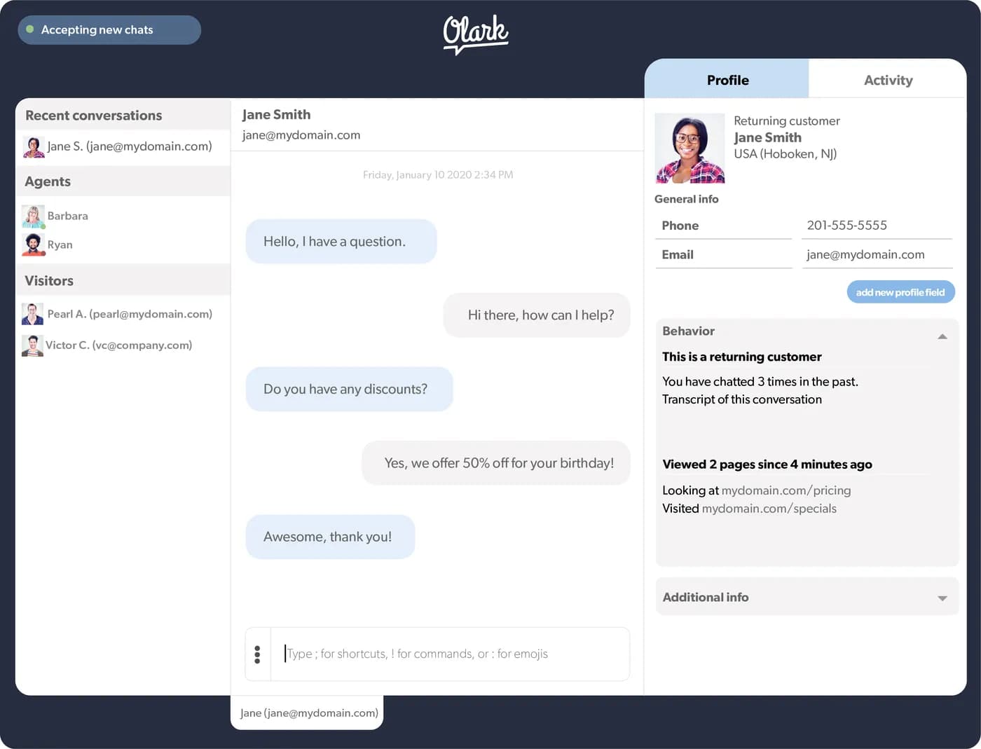 The Olark agent console: the chat list and the conversation with visitor details