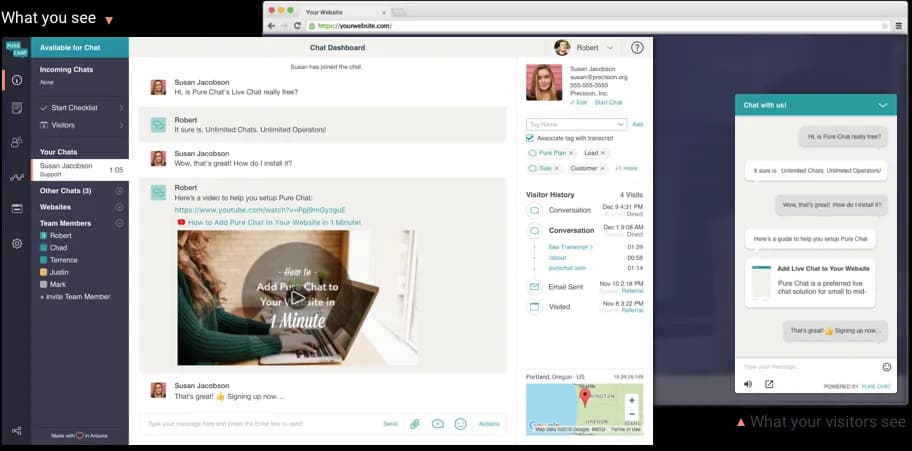 The Pure Chat dashboard: the visitor list and an open chat