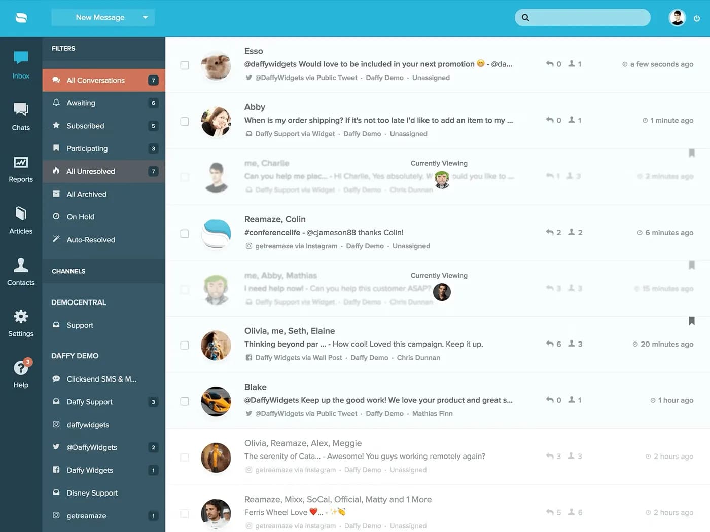 The Re:amaze inbox: the conversation with the customer's order history on the right