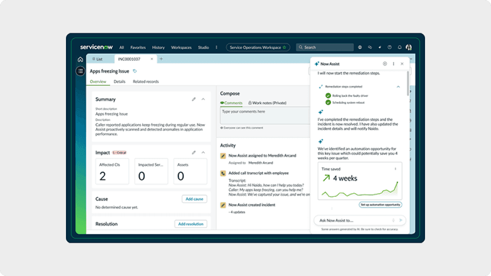 The ServiceNow agent workspace: the case with the customer record and the workflow steps