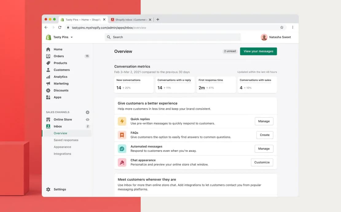 The Shopify Inbox conversation: the chat with the customer's cart and orders on the side