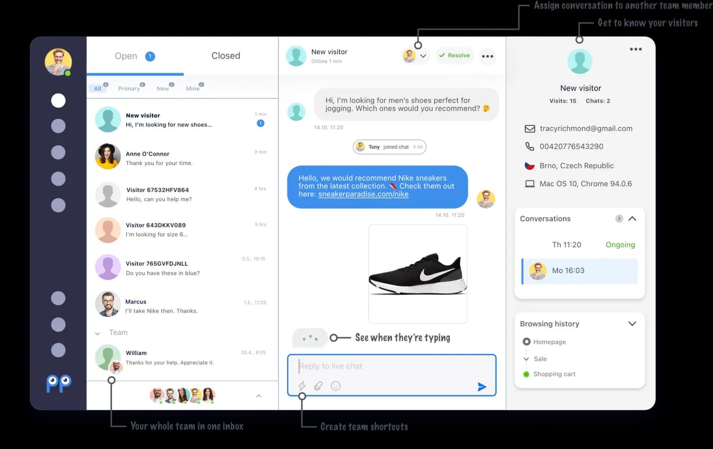 The Smartsupp dashboard: the chat with the visitor's session recording beside it