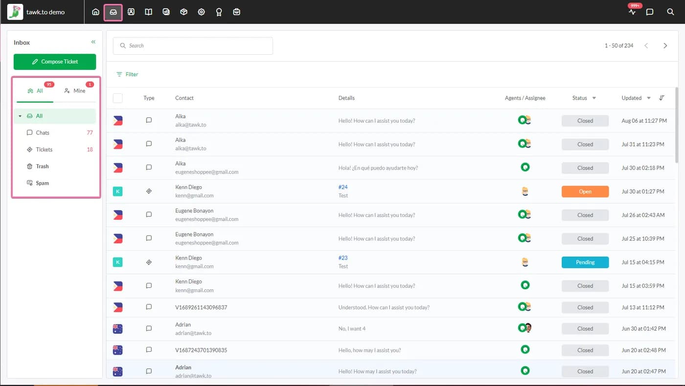 The tawk.to dashboard: the visitor list, the chat and the ticket queue