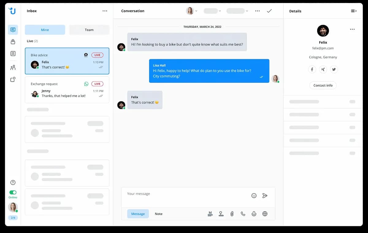 The Userlike message center: the conversation list with channel badges and the chat