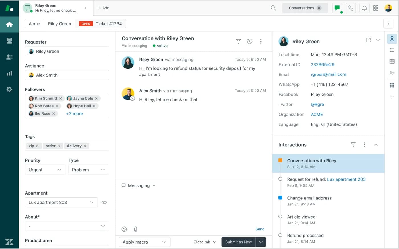 The Zendesk Agent Workspace: a ticket view with the customer, the thread and the fields