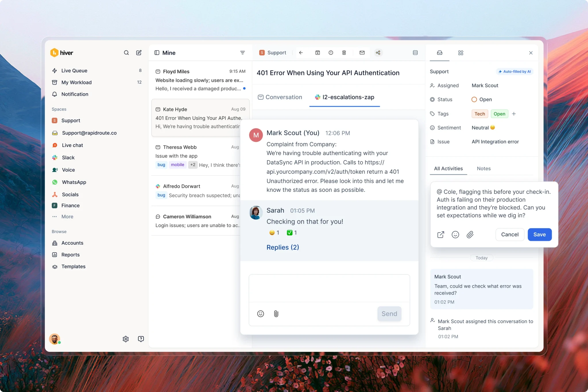 Screenshot of the Hiver workspace