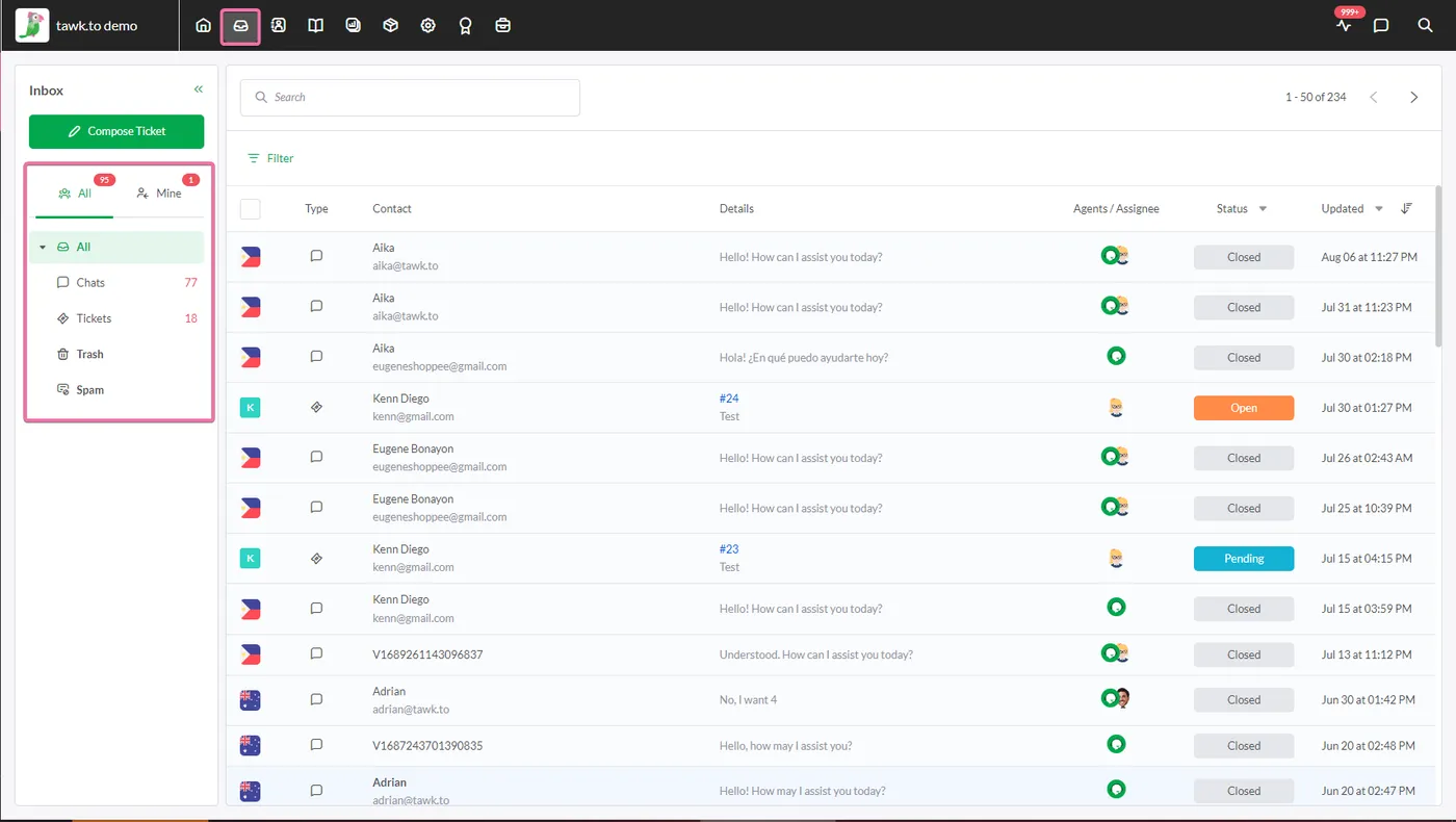 Screenshot of the tawk.to workspace