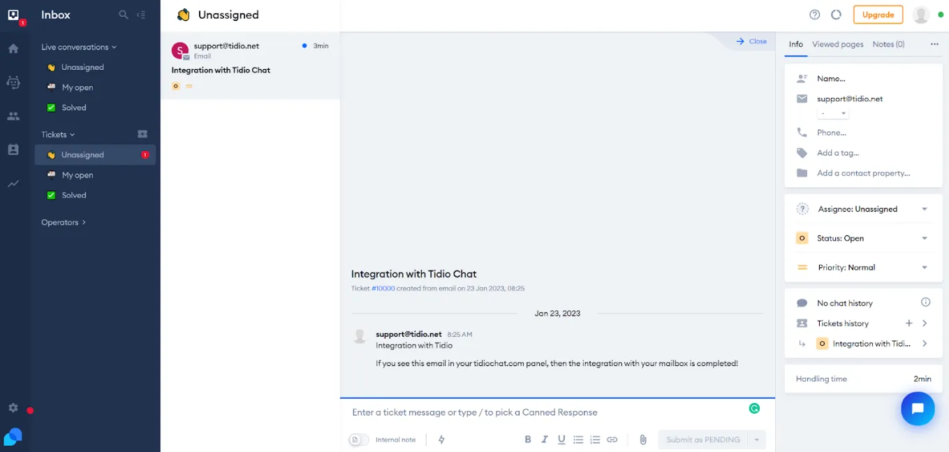 Screenshot of the Tidio workspace